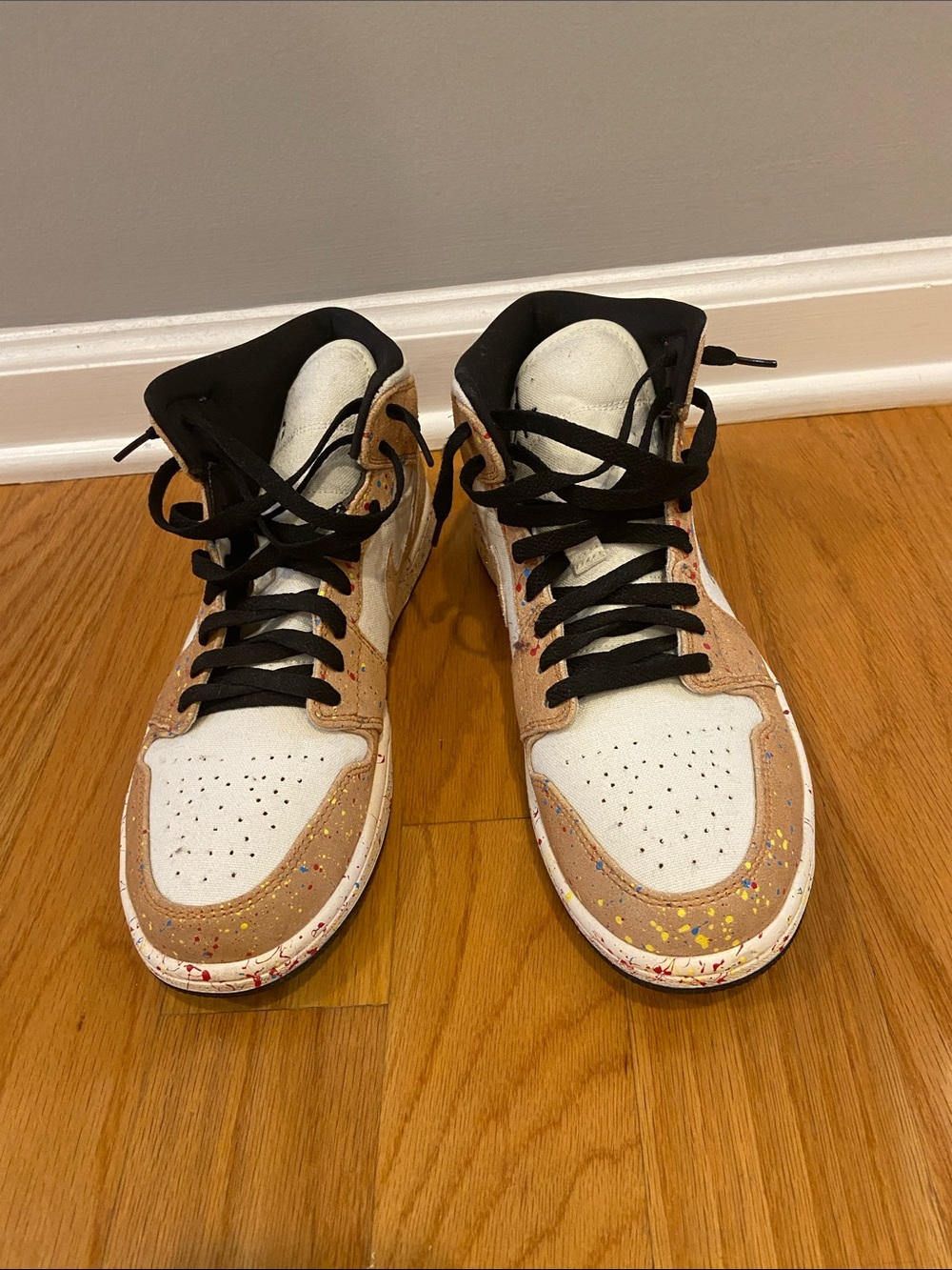 Kids High-Top Sneakers in White and Brown with Paint-Splatter Detail